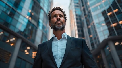 Poster - Confident Businessman Stands Before Towering Skyscraper Embodying Business Success and Achievement