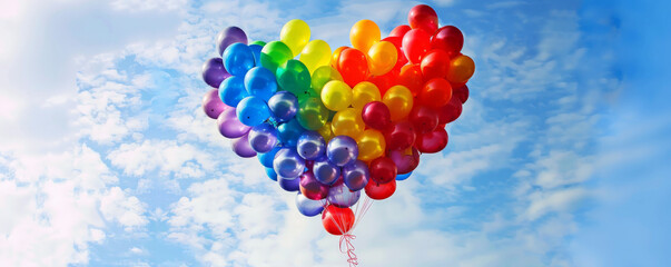 A cheerful background of rainbow balloons arranged in the shape of a heart, floating gently against