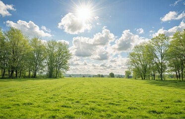 landscape photograph green field trees background sky blue