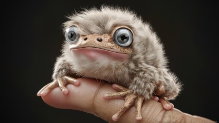 Poster - A small fluffy frog sitting on a finger with big eyes, AI