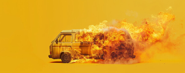 Wall Mural - A burning van engulfed in flames and smoke, isolated on a vivid yellow background. The bright