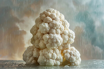 Sticker - A pile of cauliflower is sitting on a table with rain falling outside