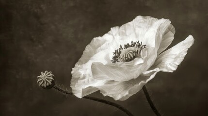 Wall Mural - Monochrome fine art still life Single satin poppy in vintage style