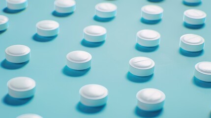 Paracetamol tablets on blue surface with empty area