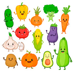 Wall Mural - Set of cartoon vegetable characters. Cute broccoli, potato, carrot, tomato, pepper, eggplant, onion, cucumber, corn, avocado, pumpkin with arms and legs for kids. Food illustration. Menu. 