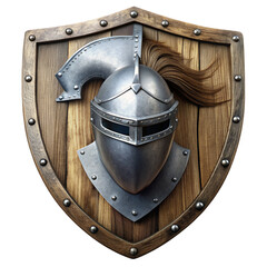 Medieval knights helmet on wooden shield with transparent background, equipment fantasy game gear