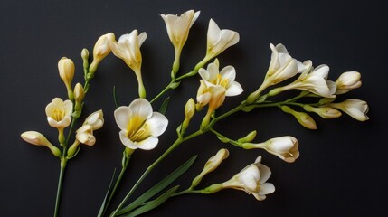 Wall Mural - Isolated Freesia flowers on black background Fresh beautiful blossoms in flat lay