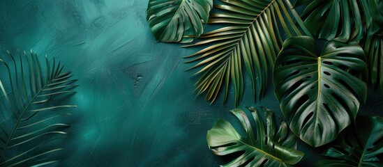 Canvas Print - Isolated tropical leaves on green backdrop offer a vibrant creative idea from a top view with ample copy space image for arrangement