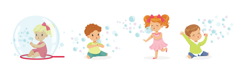 Canvas Print - Funny Boy and Girl Playing with Soap Bubbles Vector Set