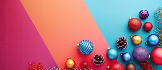 Sticker - Top view composition of Christmas decorations on a colorful background with copy space image for text placement