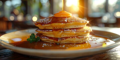 Wall Mural - National Pancake Day stack of pancakes with syrup, September 26th