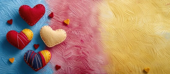 Wall Mural - top view of heart shaped felt decorations on a colorful backdrop creating a charming copy space imag