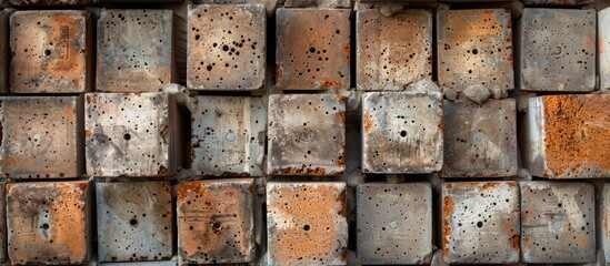 Sticker - A stack of hollow bricks arranged at a construction site forming a textured abstract square of square construction materials providing a vignette for text in need of a copy space image