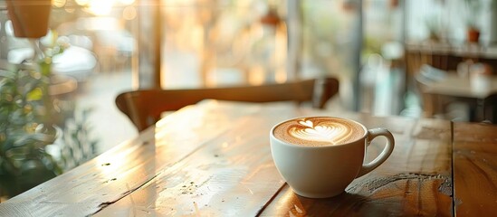 Wall Mural - Coffee with heart shaped latte art on a table by a window in a cafe with a background suitable formore text or an image like a copy space image