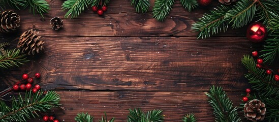 Canvas Print - Flat lay composition of fir tree branches and festive decorations on a wooden background designed for a Christmas greeting card with a copy space image