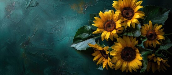 Canvas Print - Close up of sunflowers in the garden with copy space image against a dark green backdrop