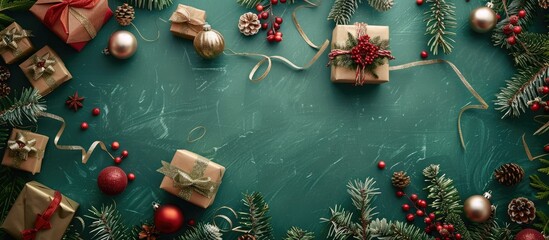 Poster - A Christmas themed flat lay featuring old fashioned elements like gift boxes baubles and tinsel on a green surface The layout offers a top view with room for text or images. Copy space image