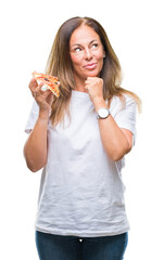 Poster - Middle age hispanic woman eating pizza slice over isolated background serious face thinking about question, very confused idea