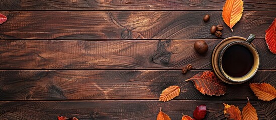 Canvas Print - Top down view of a wooden table adorned with a coffee cup autumn leaves and a designated area for incorporating additional content in the form of a copy space image