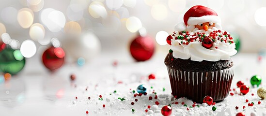 Sticker - Christmas chocolate cupcake with red green and white candy sprinkles featuring Santa and ball ornaments blur in the backdrop against a white copy space image