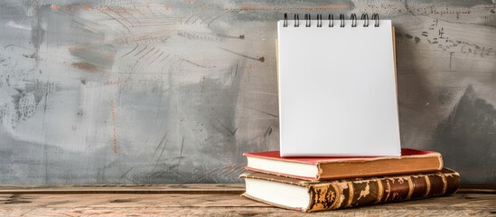 Wall Mural - Copy space image featuring a white notepad and books stacked on a wooden table