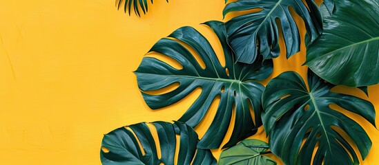 Wall Mural - Close up of monstera leaves against a yellow background isolated with copy space image perfect for a tropical vacation banner