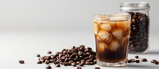 Canvas Print - Copy space image of vanilla iced coffee in a clear glass alongside coffee beans in a glass jar set on a white background with selective focus