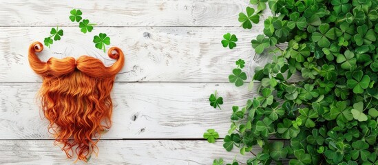 Colorful horizontal banner featuring an orange leprechaun hand made beard green shamrock leaves on white wood with copy space image for greeting card all in a St Patrick s Day theme