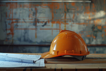 Construction Hard Hat on Blueprints