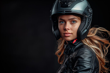 Fototapete - A woman wearing a black helmet and leather jacket looking at camera on a black background with copy space design