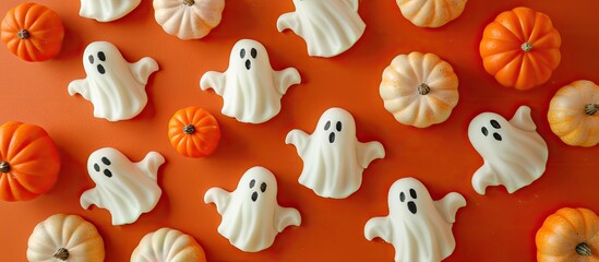 Wall Mural - overhead flat lay view of miniature halloween pumpkin ghosts on a surface with space for copy in the