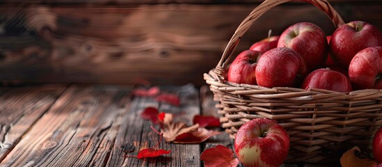 Poster - Close up image of red apples in a basket on a wooden table with copy space image