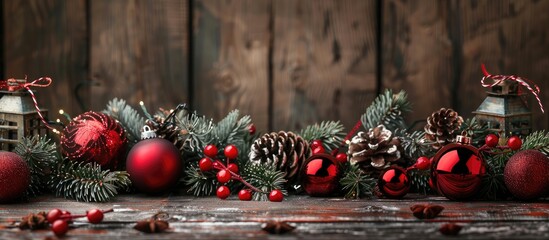 Poster - On a wooden backdrop a festive Christmas decoration offers ample copy space for showcasing your product or text in the image