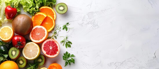 Wall Mural - Fresh fruits and vegetables on a white background with copy space image