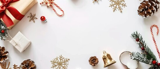 Poster - Festive Christmas and New Year decorations including gift box drum bell pine angel and snowflake arranged on a white backdrop with copy space image