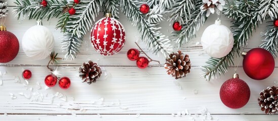 Wall Mural - Christmas ornaments in red felt with pine branches on a white wooden table background creating a festive copy space image