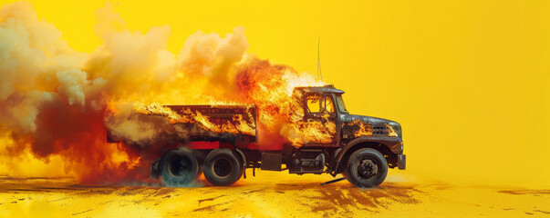 Wall Mural - A burning truck engulfed in flames and smoke, isolated on a vivid yellow background. The bright