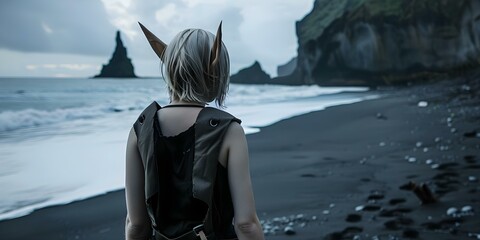 Young girl with elf ears stands on black sand near ocean. Concept Fantasy Photoshoot, Elf Cosplay, Beach Setting, Nature Photography, Character Transformation