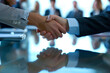 © TrendySpaces - A close-up photo of people meeting in an office for business and shaking hands after negotiations, Generative AI