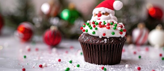 Sticker - Christmas chocolate cupcake with red green and white candy sprinkles featuring Santa and ball ornaments blur in the backdrop against a white copy space image