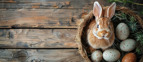 Poster - Rustic background with a traditional Easter holiday bunny featuring copy space image