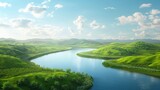 Fototapeta Niebo - Idyllic river meandering through a lush green landscape under a cloudless sky, seamless looping 4k animation for a peaceful scene.