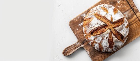 Wall Mural - Top view of freshly baked bread on a cutting board against a white backdrop offering a clean uncluttered copy space image