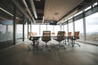 © Trendistudio - Interior with desks and chairs in a modern, clean conference room with large windows, Generative AI