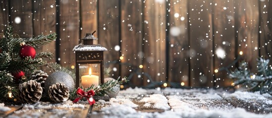 Wall Mural - Vintage wooden background with snow covered Christmas accessories creates a festive copy space image