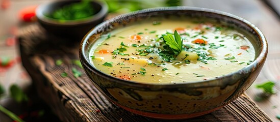 Wall Mural - Vegetarian soup in a bowl with a wooden background containing hues of green red and yellow creating a delightful copy space image