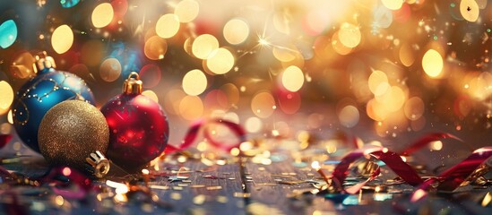 Poster - Selective focus holiday background with copy space image for a joyful New Year and Christmas celebration