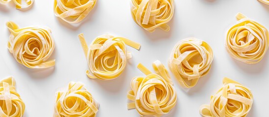 Wall Mural - Tagliatelle pasta nests arranged on white background with copy space image