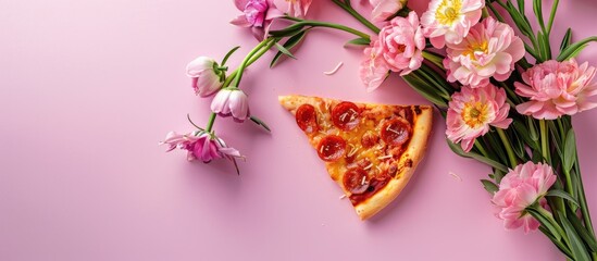 Piece of pizza displayed on a pink background alongside a beautiful spring flower arrangement suitable for a copy space image