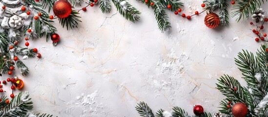 Wall Mural - A Christmas themed border with festive decorations and a pine tree on a white stone backdrop with room for additional content in the picture